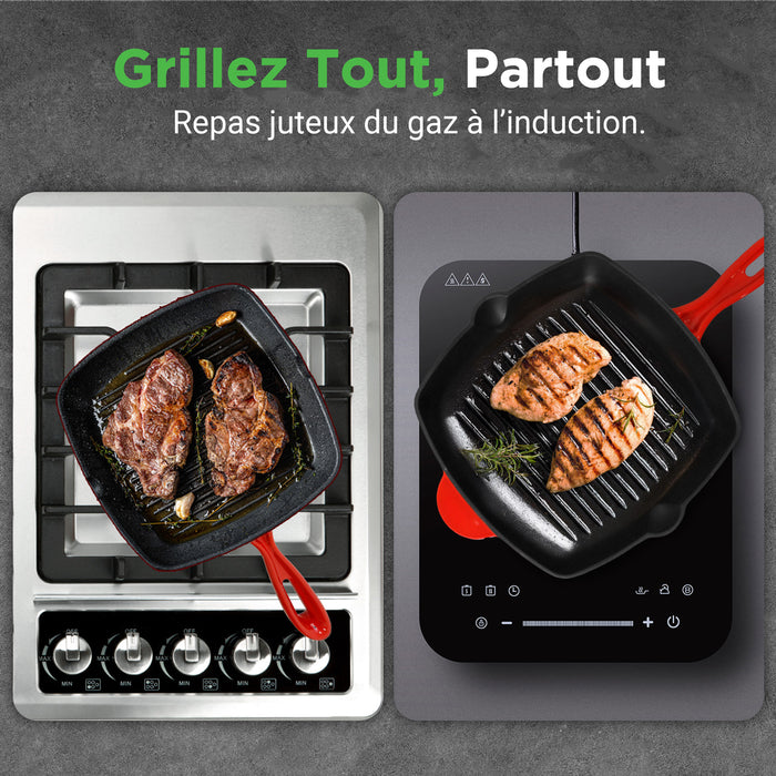 Poêle à griller de cuisine - Poêle carrée en fonte avec revêtement émaillé antiadhésif