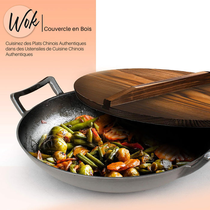 Pre-Seasoned Cooking Wok - Cast Iron Stir Fry Wok With Wooden Lid