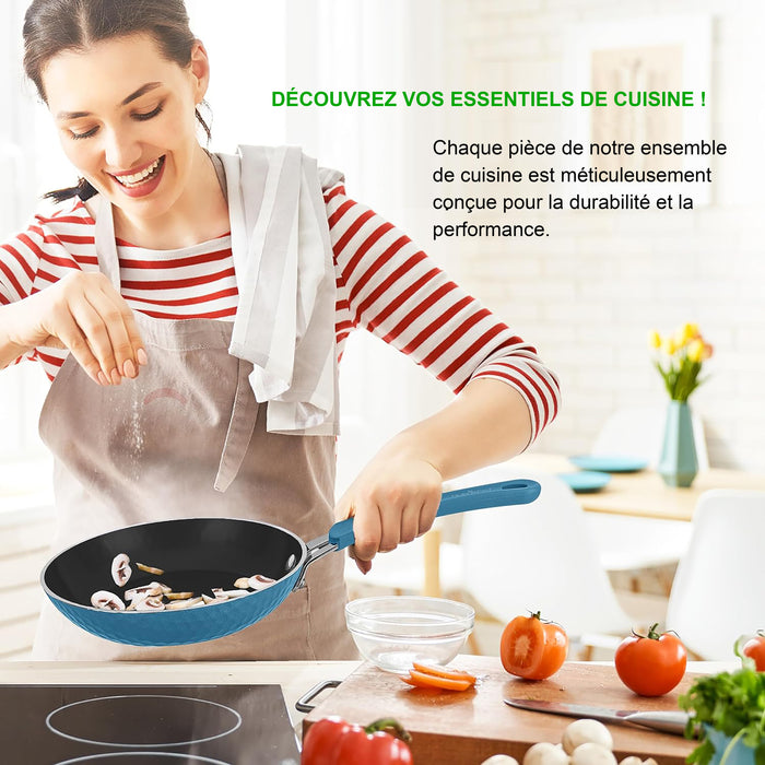 Ensemble de Casseroles et Poêles de Cuisine - Batterie de Cuisine Élégante avec Motif Diamant, Antiadhésif (Ensemble de 11 Pièces)