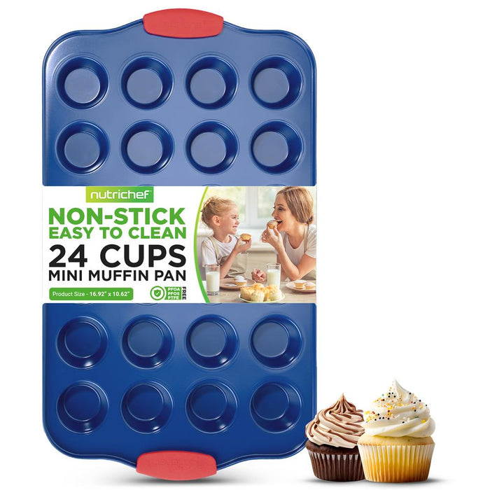 24 Cup Muffin Pan - Deluxe Nonstick Blue Coating Inside & Outside With Red Silicone Handles, Compatible With Model: Ncsbsbl10 (Blue)