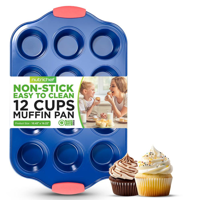 12 Cup Muffin Pan - Deluxe Nonstick Blue Coating Inside & Outside With Red Silicone Handles, Compatible With Models: Ncsbsbl10, Ncsbsbl8, Ncsbsbl6 (Blue)