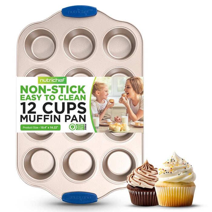 12 Cup Muffin Pan - Deluxe Nonstick Gold Coating Inside & Outside With Blue Silicone Handles, Compatible With Models: Ncsbsg78, Ncsbsg60, Ncsbsg36 (Gold)
