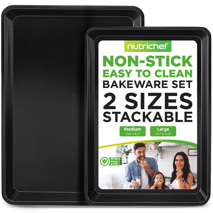 2-Pc. Nonstick Cookie Sheet Baking Pan - Professional Quality Kitchen Cooking Non-Stick Bake Trays With Black Coating Inside & Outside