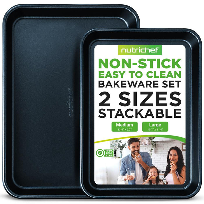 2-Pc. Nonstick Cookie Sheet Baking Pan - Professional Quality Kitchen Cooking Non-Stick Bake Trays With Blue Diamond Coating Inside & Outside