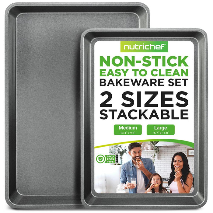 2-Pc. Nonstick Cookie Sheet Baking Pan - Professional Quality Kitchen Cooking Non-Stick Bake Trays With Gray Coating Inside & Outside