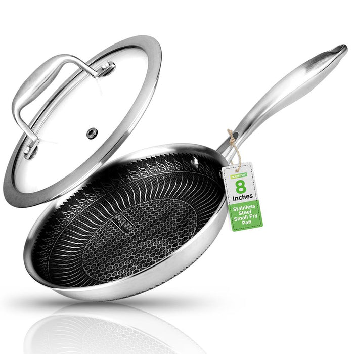 8'' Stir Fry Pan With Glass Lid - Triply Stainless Steel Cookware, Dakin Etching Non-Stick Coating Inside And Outside