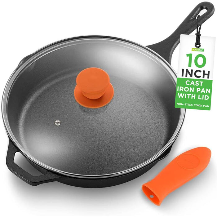 10'' Pre-Seasoned Cast Iron Pan - Fry Pan With Glass Lid & Silicone Handle