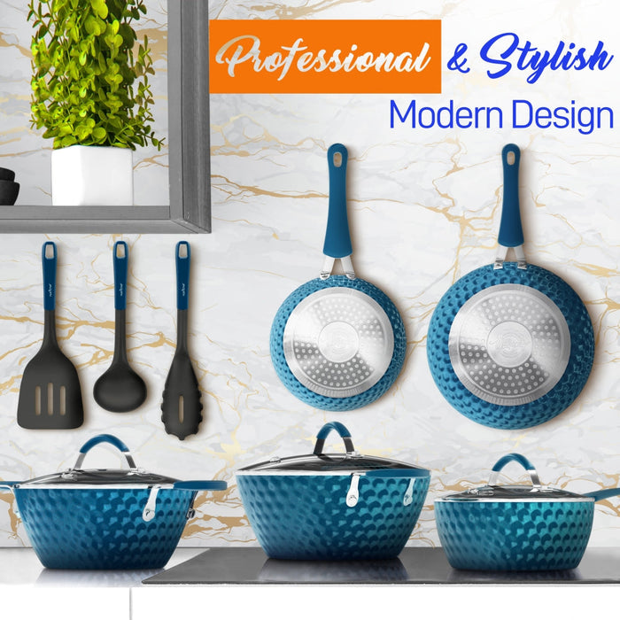 Ensemble de Casseroles et Poêles de Cuisine - Batterie de Cuisine Élégante avec Motif Diamant, Antiadhésif (Ensemble de 11 Pièces)