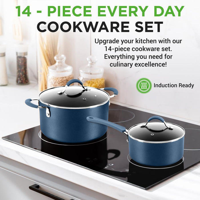 Ensemble de casseroles et poêles de cuisine – Ensemble de batterie de cuisine de base de haute qualité, antiadhésif (ensemble de 14 pièces)