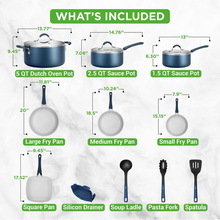 Ensemble de casseroles et poêles de cuisine – Ensemble de batterie de cuisine de base de haute qualité, antiadhésif (ensemble de 14 pièces)