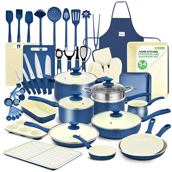 54 Pcs. Home Kitchen Cookware, Kitchen Tools, And Bakeware Set - High-Quality Ceramic Kitchenware Pots And Pans (Blue Gray)