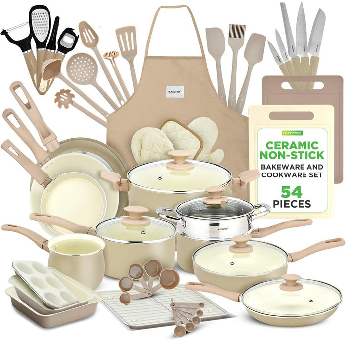 54 Pcs. Home Kitchen Cookware, Kitchen Tools, And Bakeware Set - High-Quality Ceramic Kitchenware Pots And Pans (Taupe Brown)