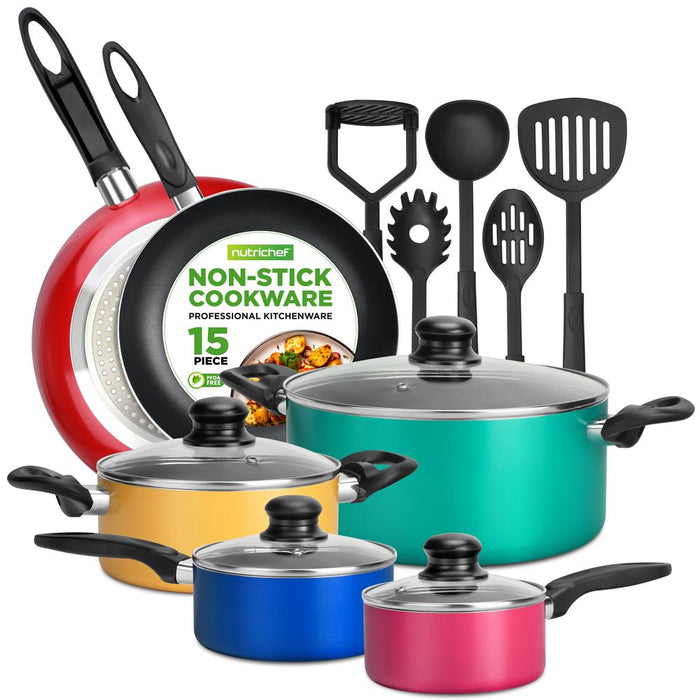 Kitchenware Pots & Pans Set - Colorful Kitchen Cookware, Black Non-Stick Coating Inside, Heat Resistant Lacquer And Mixed Colors Outside (15-Piece Set)