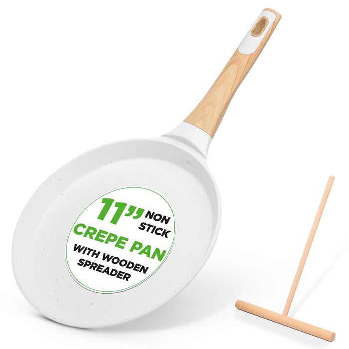 11” Non-Stick Crepe Pan With Spreader With Wooden Spreader, Bakelite Handle With Wooden Soft Touch And Induction Bottom (White Cream Marble)