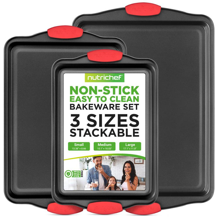 Kitchen Oven Baking Pans - Deluxe Nonstick Gray Coating Inside & Outside Carbon Steel Bakeware Set With Red Silicone Handles (3-Pieces)