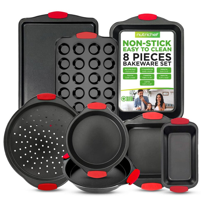Kitchen Oven Baking Pans - Deluxe Nonstick Gray Coating Inside & Outside Carbon Steel Bakeware Set With Red Silicone Handles (8-Pieces)