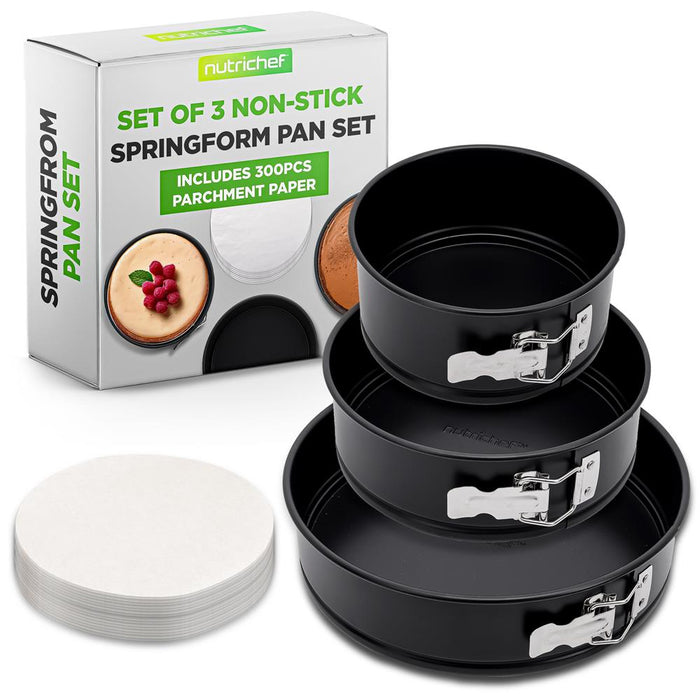 3-Piece Leak Proof Springform Pan Set- With Stainless Steel Lock And 300 Pieces Parchment Paper (Black)