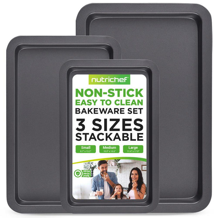 3-Pc. Nonstick Cookie Sheet Baking Pan - Professional Quality Kitchen Cooking Non-Stick Bake Trays With Black Coating Inside & Outside