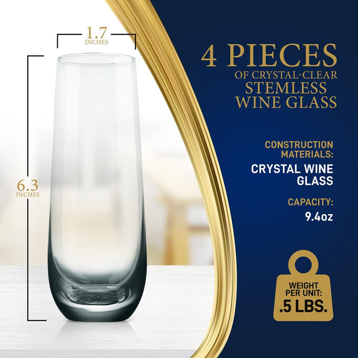 4 Pcs. Of Crystal-Clear Stemless Wine Glass - Ultra Clear, Elegant Clear Wine Glasses, Machine Made Top