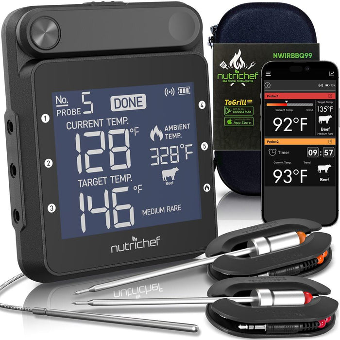 Thermomètre intelligent pour barbecue - Affichage numérique, sondes doubles en acier inoxydable sûres à laisser dans le fumoir à viande pour barbecue en extérieur - Alerte à distance sans fil pour téléphone iOS Android via application WiFi