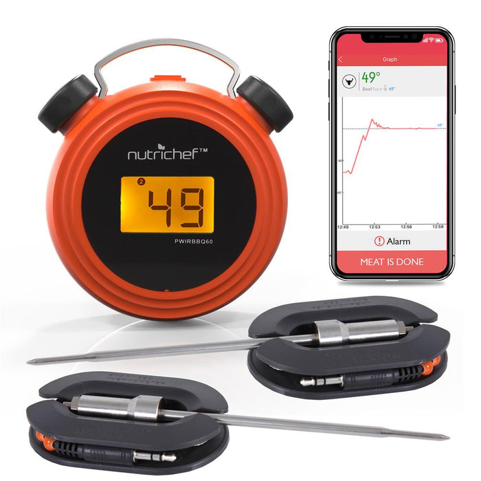 Thermomètre de Gril BBQ Bluetooth Intelligent - Affichage Numérique, Sondes Doubles en Acier Inoxydable Sûres à Laisser dans le Fumoir de Viande de Barbecue Extérieur - Alerte à Distance Sans Fil pour Téléphone iOS Android - Nutrichef Pwirbbq60