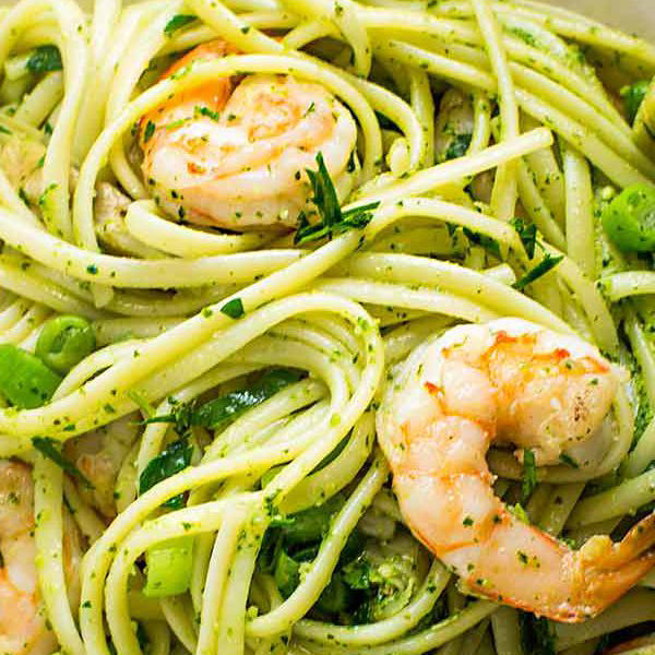 Pesto Shrimp and Artichoke Linquine