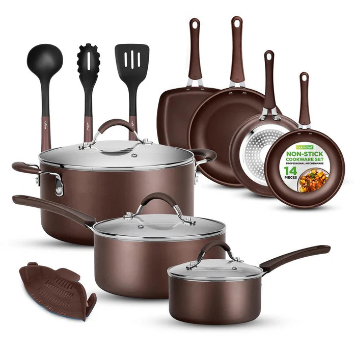 14pc nonstick cookware set brown