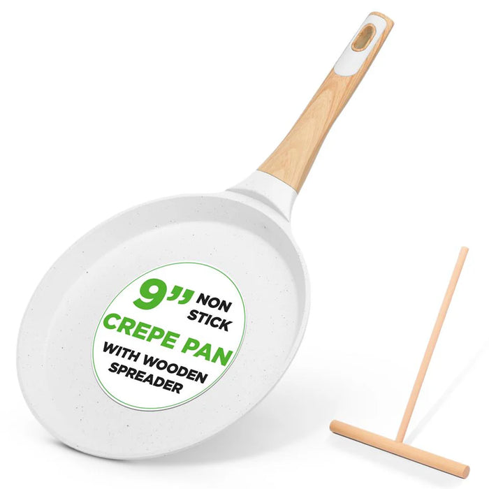 Poêle à crêpes antiadhésive de 11" avec répartiteur en bois, manche en bakélite avec toucher doux en bois et fond à induction (marbre crème blanc) 