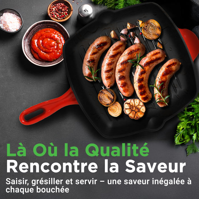 Poêle à griller de cuisine - Poêle carrée en fonte avec revêtement émaillé antiadhésif 