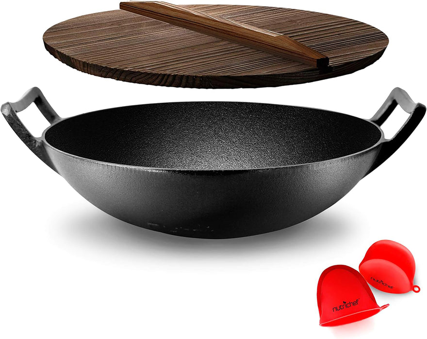 Pre-Seasoned Cooking Wok - Cast Iron Stir Fry Wok With Wooden Lid