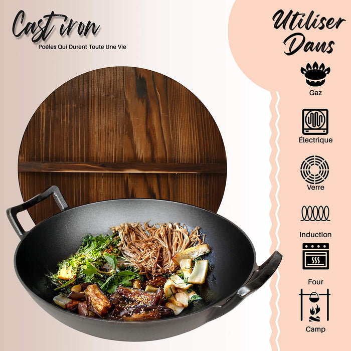 Pre-Seasoned Cooking Wok - Cast Iron Stir Fry Wok With Wooden Lid
