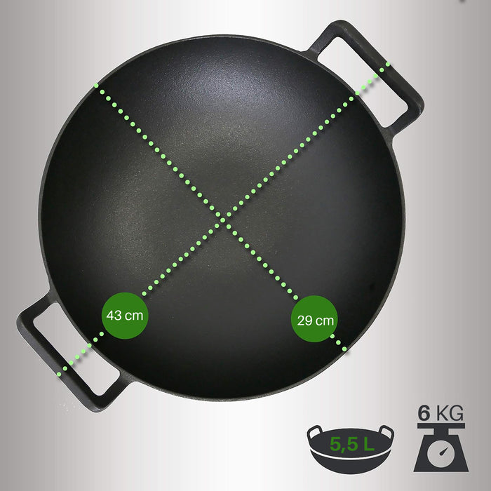 Pre-Seasoned Cooking Wok - Cast Iron Stir Fry Wok With Wooden Lid