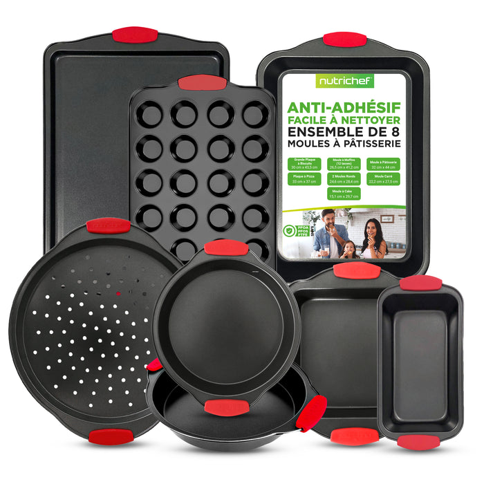 Kitchen Oven Baking Pans - Deluxe Nonstick Gray Coating Inside & Outside Carbon Steel Bakeware Set With Red Silicone Handles (8-Pieces)