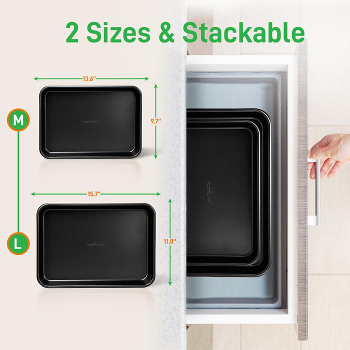 2-Pc. Nonstick Cookie Sheet Baking Pan - Professional Quality Kitchen Cooking Non-Stick Bake Trays With Black Coating Inside & Outside