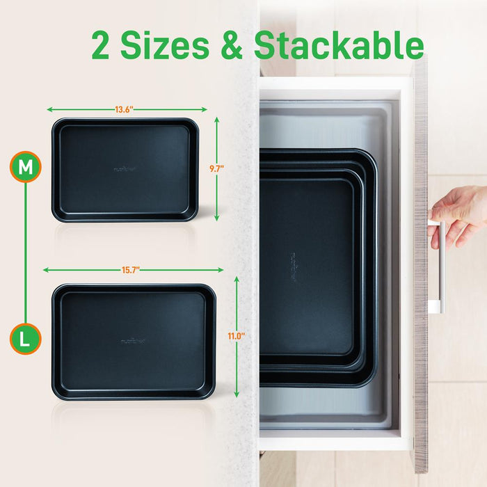 2-Pc. Nonstick Cookie Sheet Baking Pan - Professional Quality Kitchen Cooking Non-Stick Bake Trays With Blue Diamond Coating Inside & Outside