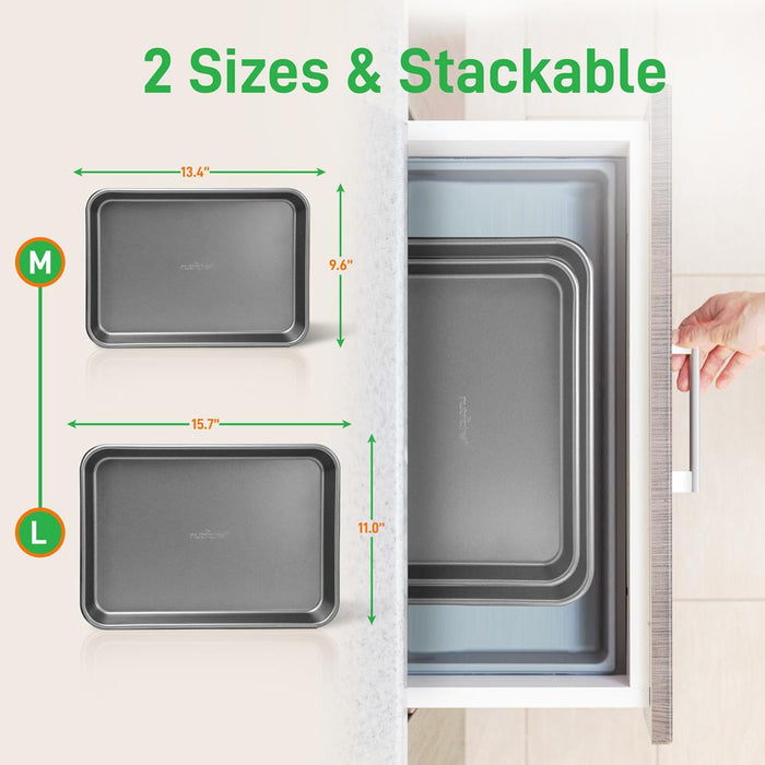 2-Pc. Nonstick Cookie Sheet Baking Pan - Professional Quality Kitchen Cooking Non-Stick Bake Trays With Gray Coating Inside & Outside