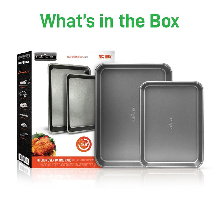 2-Pc. Nonstick Cookie Sheet Baking Pan - Professional Quality Kitchen Cooking Non-Stick Bake Trays With Gray Coating Inside & Outside