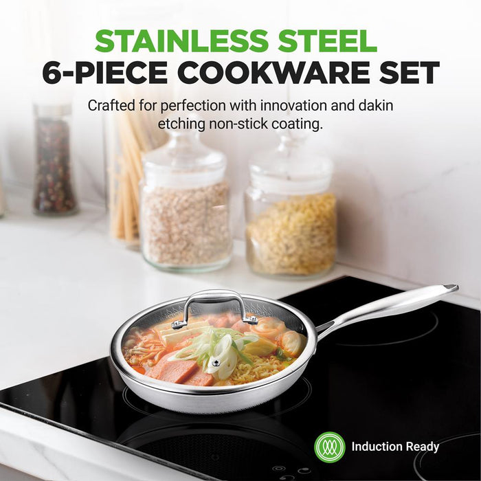Kitchenware Pots & Pans Set - Triply Stainless Steel Cookware, Dakin Etching Non-Stick Coating Inside And Outside (6-Piece Set)