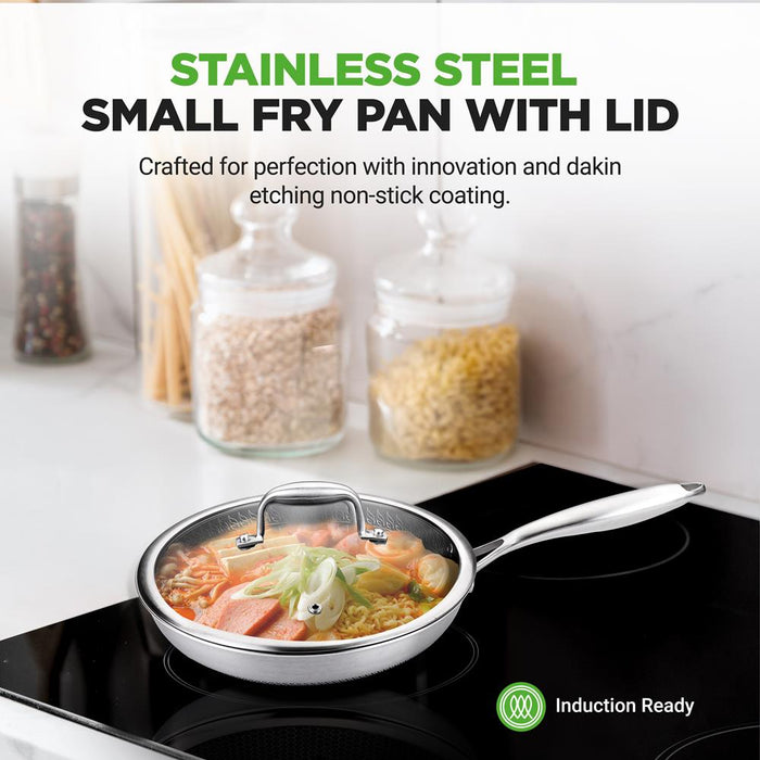 8'' Stir Fry Pan With Glass Lid - Triply Stainless Steel Cookware, Dakin Etching Non-Stick Coating Inside And Outside