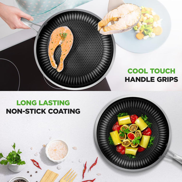 8'' Stir Fry Pan With Glass Lid - Triply Stainless Steel Cookware, Dakin Etching Non-Stick Coating Inside And Outside