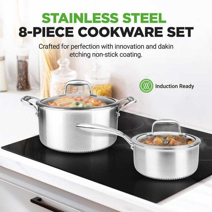 Kitchenware Pots & Pans Set - Triply Stainless Steel Cookware, Non-Stick Coating Inside And Outside (8-Piece Set)