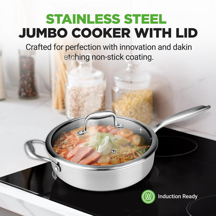 Jumbo Cooker With Glass Lid - Triply Stainless Steel Cookware, Dakin Etching Non-Stick Coating Inside And Outside