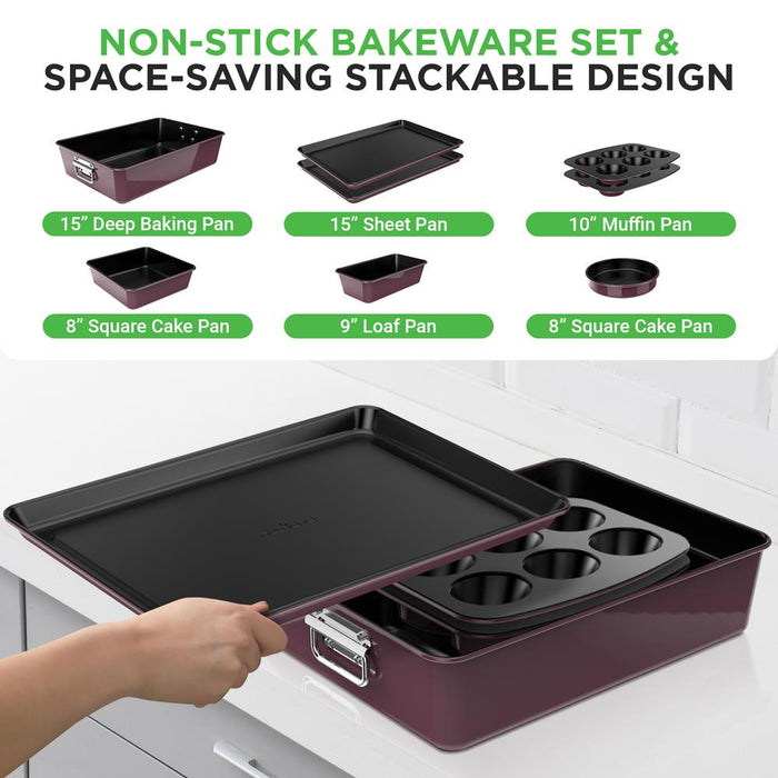 8Pcs. Stackable Carbon Steel Bakeware Sets - Non-Stick Coating, Bake Tray Sheet Bakeware Set (Purple)
