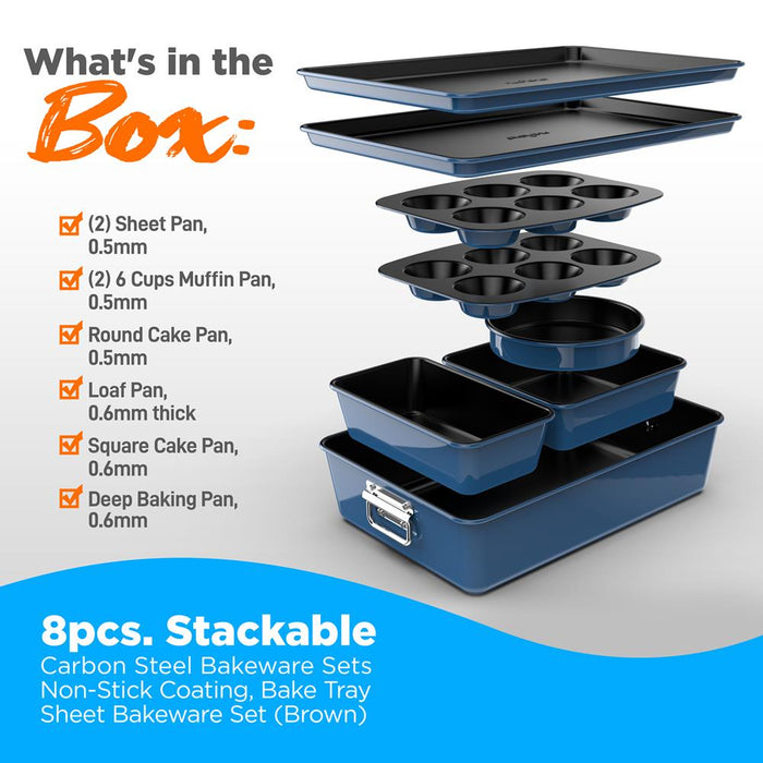 8Pcs. Stackable Carbon Steel Bakeware Sets - Non-Stick Coating, Bake Tray Sheet Bakeware Set (Blue)