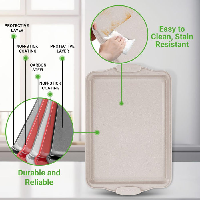 3 Piece Non-Stick Cookie Sheet Tray Set With Silicone Handles For Baking (Cream Marble)