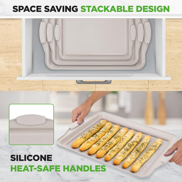 3 Piece Non-Stick Cookie Sheet Tray Set With Silicone Handles For Baking (Cream Marble)