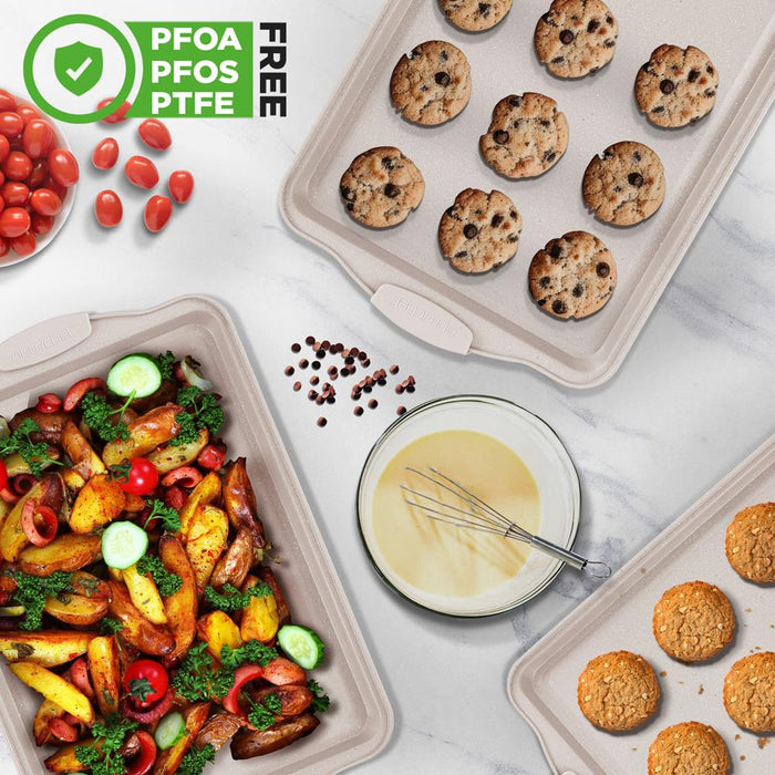 3 Piece Non-Stick Cookie Sheet Tray Set With Silicone Handles For Baking (Cream Marble)