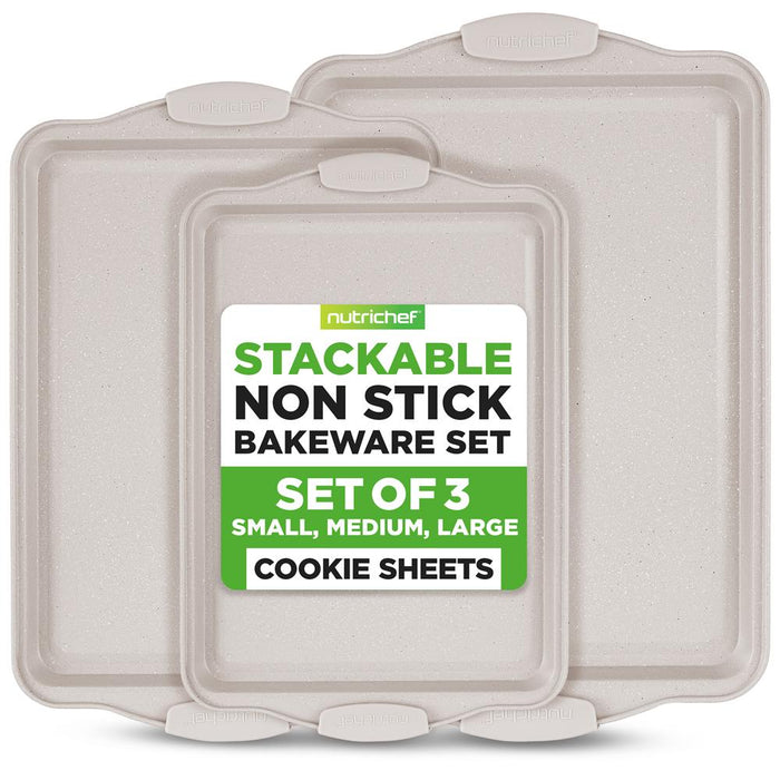3 Piece Non-Stick Cookie Sheet Tray Set With Silicone Handles For Baking (Cream Marble)