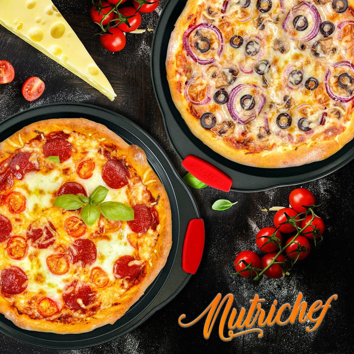 2-Pc. Non-Stick Pizza Tray With Silicone Handle - Round Steel Non-Stick Pan With Perforated Holes
