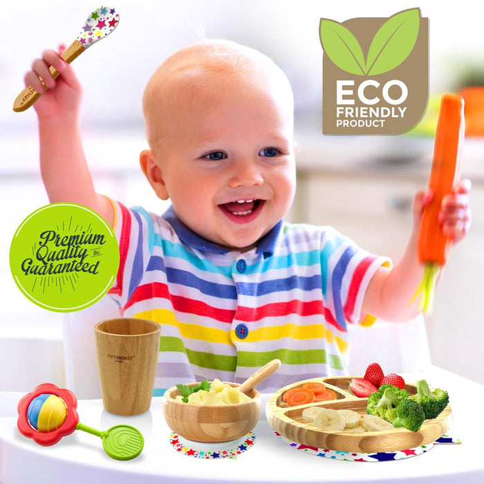 Stars Bamboo Dinnerware Set With Silicone Suction For Kids